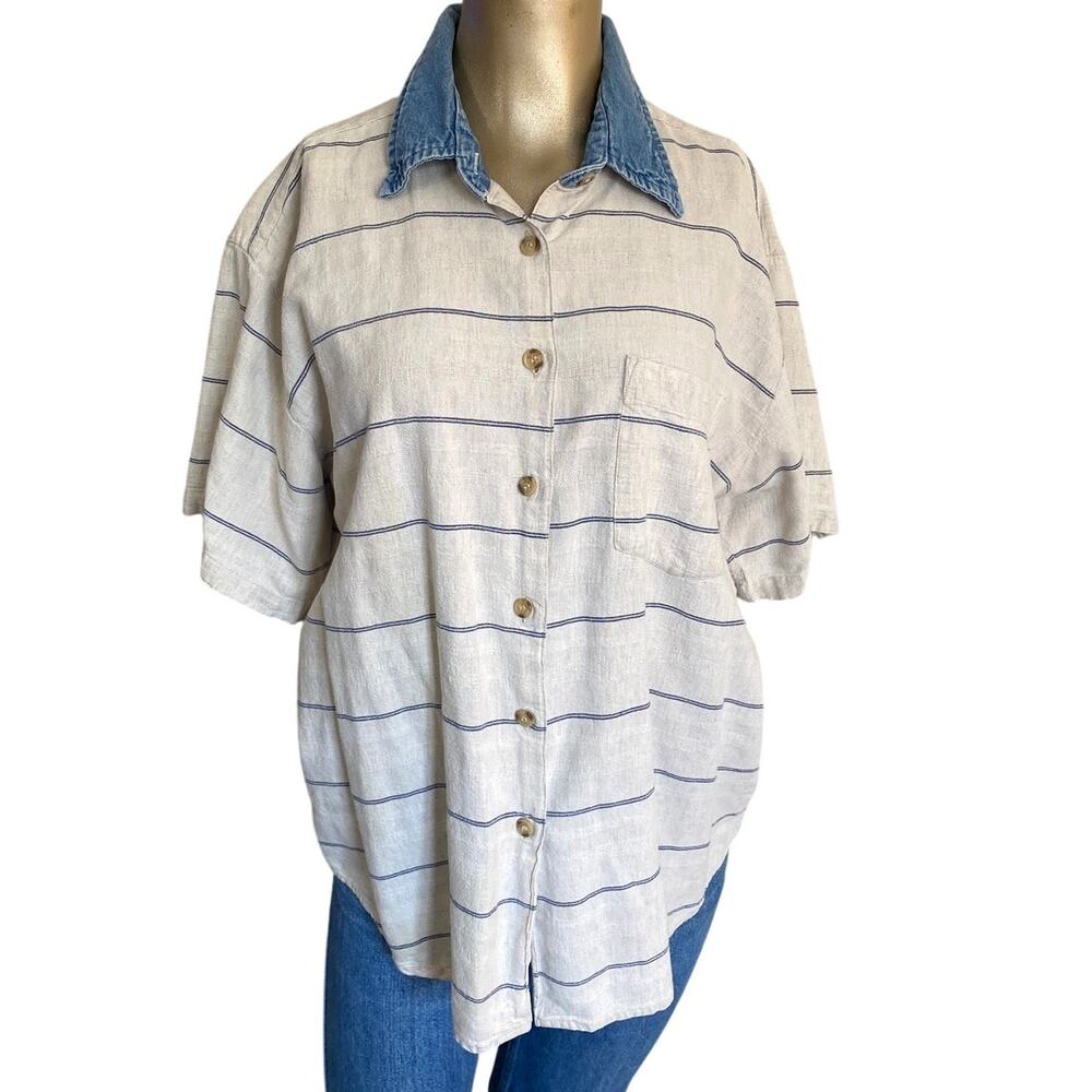Vintage 90s Krazy Kat Cotton Linen Striped Denim Collar Shirt L